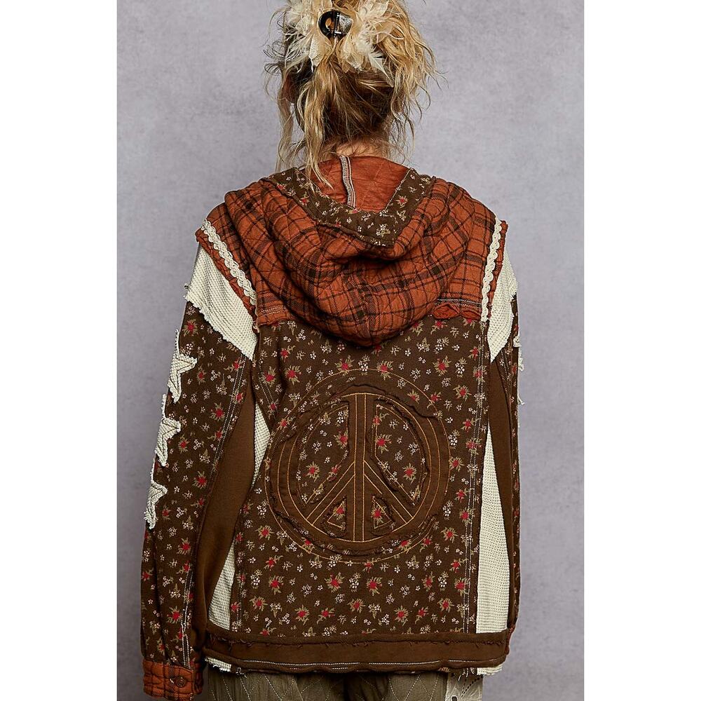 1J***POL hooded long balloon sleeve in printed terry with star & peace patch - Picture 3 of 5